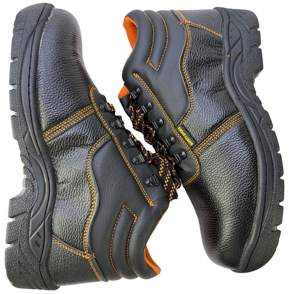 Safety Steel Toe Mens Work Boots Black Orange Padded Collar Anti Slip NIB 47/ 14